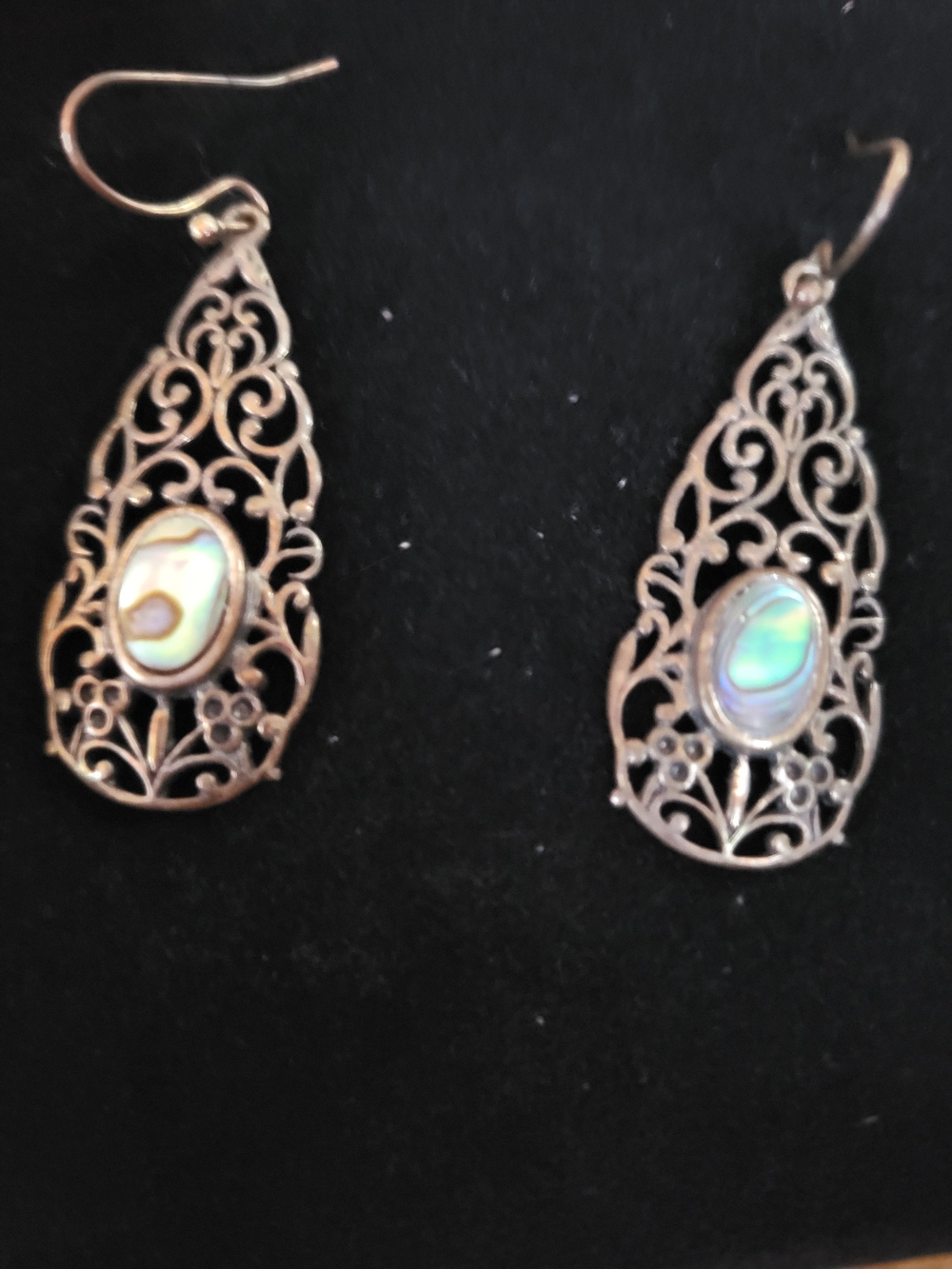Vintage Boho, Art Deco, Delicate Filigree 925 Abalone Drop Earrings - Iridescent